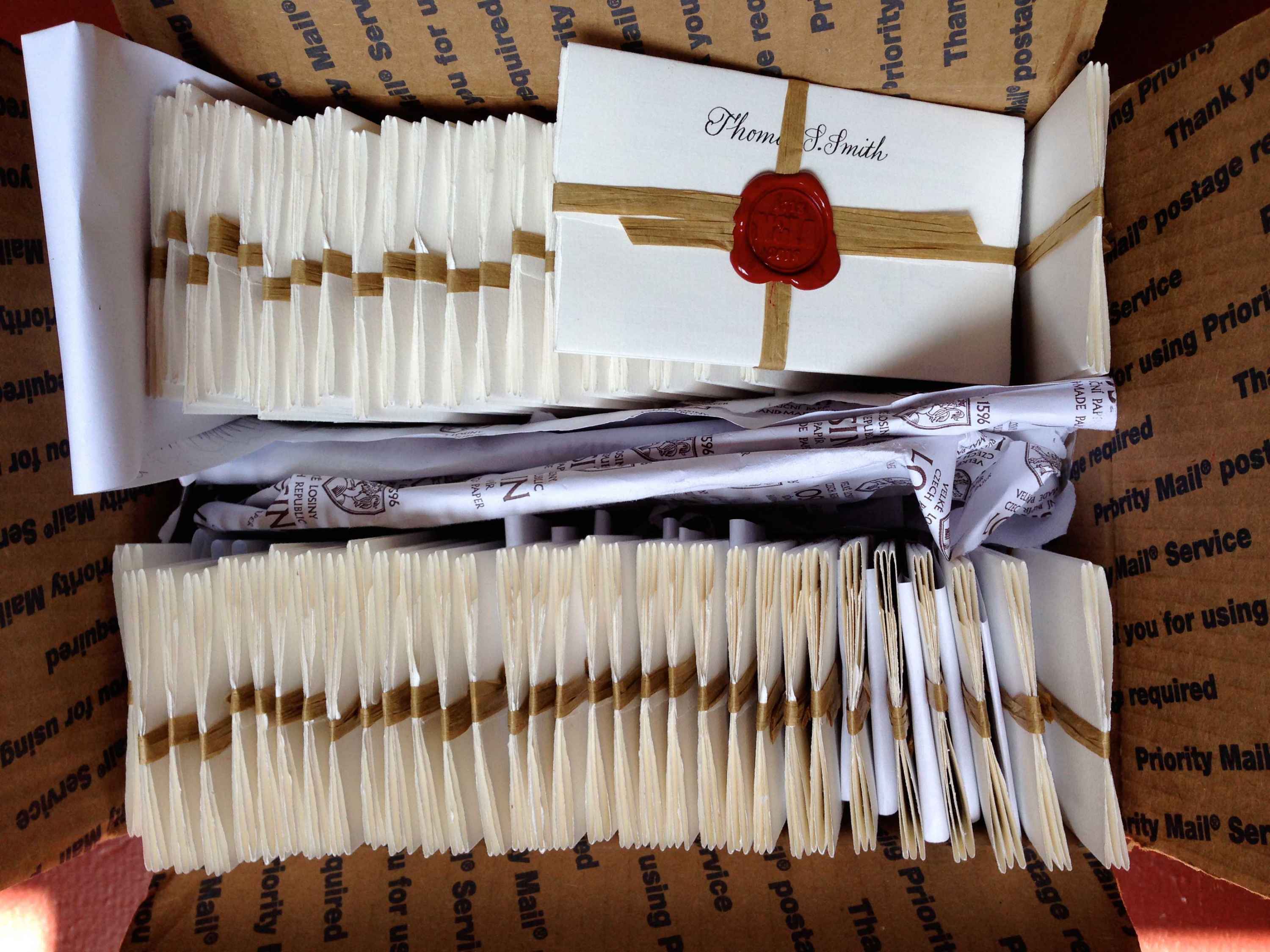 Hand-bound packs of the 3 Superbowl 2018 pitch letters sealed with custom wax design by Phillip Collier; each recipient’s name was calligraphed by Mystic Blue Sign Shop, New Orleans.