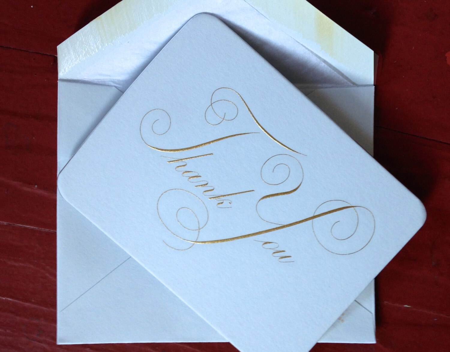Hand-engraved Thank You notecard with hand-made, matching, fully lined envelope.